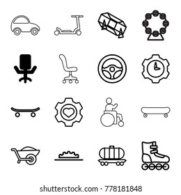 Wheel icons. set of 16 editable outline wheel icons such as office chair, lottery, roller skate, wheelbarrow, heart in gear, cargo wagon, skateboard, gear clock, disabled