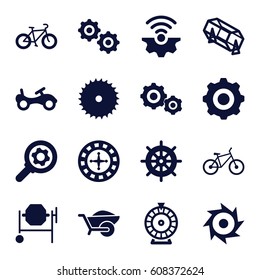 Wheel icons set. set of 16 wheel filled icons such as bike, helm, Roulette, lottery, blade saw, concrete mixer, wheelbarrow, gear, bicycle, gear    sign symb, saw