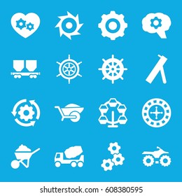 Wheel icons set. set of 16 wheel filled icons such as helm, Roulette, concrete mixer, construction, wheelbarrow, cargo wagon, gear heart, gear    sign symb, saw, cannon