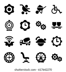 Wheel icons set. set of 16 wheel filled icons such as Roulette, office chair, concrete mixer, saw blade, construction, cargo wagon, clock in gear, gear