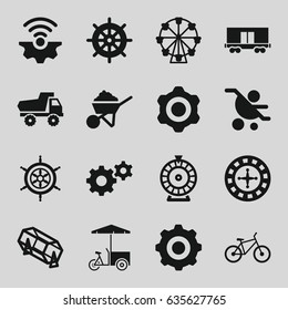 Wheel icons set. set of 16 wheel filled icons such as toy car, helm, roulette, lottery, gear, construction, fast food cart, cargo wagon, bicycle, gear    sign symb