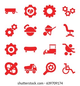 Wheel icons set. set of 16 wheel filled icons such as gear, barrow, toy car, office chair, saw blade, construction, fast food cart, heart in gear, gear    sign symb, skate