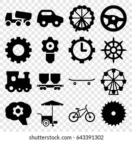 Wheel icons set. set of 16 wheel filled icons such as gear, toy car, train toy, blade saw, concrete mixer, fast food cart, cargo wagon, helm, clock in gear, skateboard