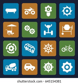 Wheel icons set. set of 16 wheel filled icons such as toy car, helm, lottery, concrete mixer, fast food cart, gear, bicycle, gear    sign symb, saw, wheel, skate