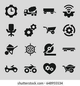 Wheel icons set. set of 16 wheel filled icons such as wheel barrow, barrow, bike, gear, circular saw, concrete mixer, construction, wheelbarrow, cargo wagon, gear heart