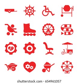 Wheel icons set. set of 16 wheel filled icons such as barrow, ferris wheel, office chair, construction, concrete mixer, fast food cart, heart in gear, helm, gear heart