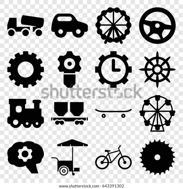 Wheel icons set. set of\
16 wheel filled icons such as gear, toy car, train toy, blade saw,\
concrete mixer, fast food cart, cargo wagon, helm, clock in gear,\
skateboard