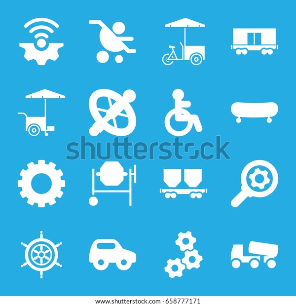 Wheel icons set. set of 16 wheel filled\
icons such as gear, disabled, toy car, concrete mixer, fast food\
cart, cargo wagon, helm, wheel, gear connection,\
skate