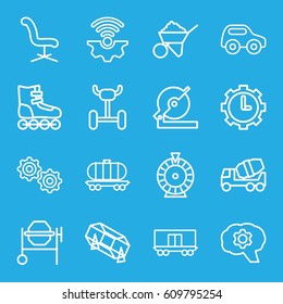Wheel icons set. set of 16 wheel outline icons such as toy car, Roulette, lottery, office chair, circular saw, concrete mixer, construction, cargo wagon, clock in gear, gear