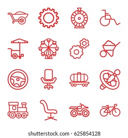 Wheel icons set. set of 16 wheel outline icons such as gear, train toy, Roulette, office chair, construction, fast food cart, wheelbarrow, bicycle, cargo wagon