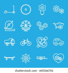 Wheel icons set. set of 16 wheel outline icons such as barrow, kick scooter, toy car, blade saw, circular saw, wheelbarrow, gear heart, helm, gear    sign symb, skateboard