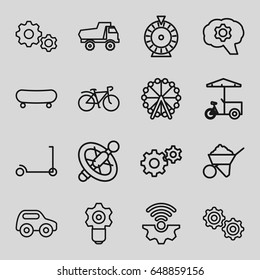 Wheel icons set. set of 16 wheel outline icons such as kick scooter, toy car, roulette, gear, construction, fast food cart, bicycle, gear keyhole, gear connection