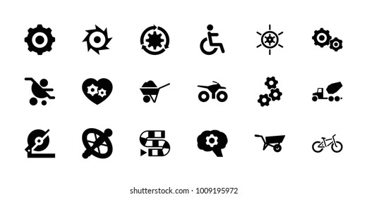 Wheel icons. set of 18 editable filled wheel icons: circular saw, gear, dice game, baby carriage, disabled, gear heart, saw, concrete mixer, construction, motorcycle, bicycle