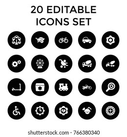 Wheel icons. set of 20 editable filled wheel icons such as kick scooter, train toy, roulette, gear, concrete mixer, carousel, baby carriage, wheelbarrow, heart in gear