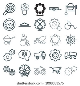 Wheel icons. set of 25 editable outline wheel icons such as barrow, toy car, gear, concrete mixer, gear keyhole, helm, gear    sign symb, disabled, construction, carousel
