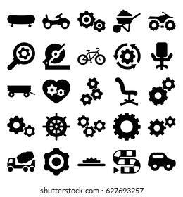 Wheel icons set. set of 25 wheel filled icons such as gear, barrow, bike, toy car, helm, office chair, circular saw, concrete mixer, construction, gear heart, camera wheel
