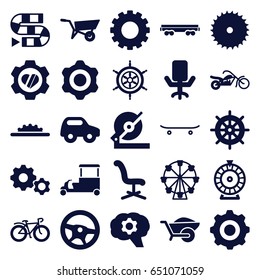Wheel icons set. set of 25 wheel filled icons such as wheel barrow, gear, toy car, helm, roulette, office chair, blade saw, circular saw, fast food cart, heart in gear