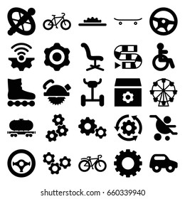 Wheel icons set. set of 25 wheel filled icons such as gear, disabled, toy car, office chair, saw blade, bicycle, cargo wagon, skateboard, gear rotate, gear connection