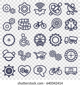Wheel icons set. set of 25 wheel outline icons such as disabled, gear, ferris wheel, helm, roulette, blade saw, saw blade, concrete mixer, bicycle, cargo wagon, gear heart