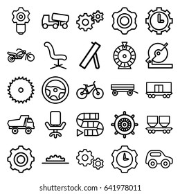 Wheel icons set. set of 25 wheel outline icons such as barrow, toy car, helm, roulette, office chair, blade saw, gear, circular saw, concrete mixer, cargo wagon, clock in gear