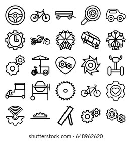 Wheel icons set. set of 25 wheel outline icons such as barrow, toy car, lottery, gear, blade saw, concrete mixer, fast food cart, heart in gear, bicycle, motorcycle, saw