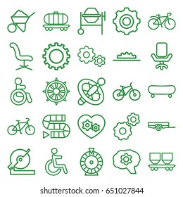 Wheel icons set. set of 25 wheel outline icons such as disabled, gear, barrow, roulette, office chair, circular saw, construction, concrete mixer, bicycle, cargo wagon, helm