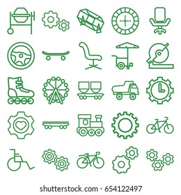Wheel icons set. set of 25 wheel outline icons such as gear, train toy, toy car, roulette, lottery, office chair, circular saw, concrete mixer, fast food cart, heart in gear