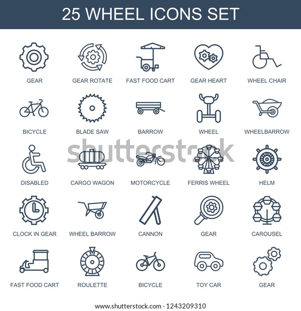 wheel icons. Set of 25 outline wheel icons\
included gear, gear rotate, fast food cart, gear heart, wheel chair\
on white background. Editable wheel icons for web, mobile and\
infographics.
