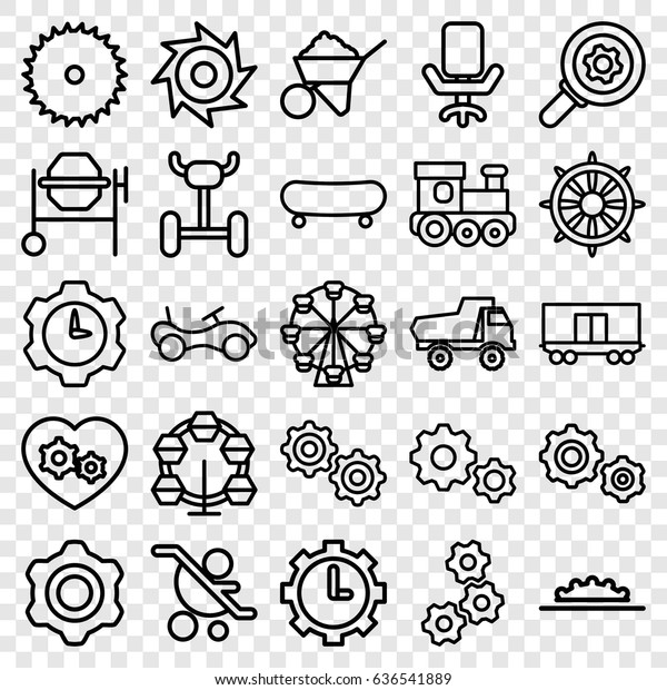 Wheel icons set. set of\
25 wheel outline icons such as bike, train toy, toy car, blade saw,\
construction, concrete mixer, cargo wagon, helm, gear heart, clock\
in gear