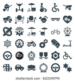 Wheel icons. set of 36 editable filled wheel icons such as toy car, roulette, gear, construction, concrete mixer, motorcycle, fast food cart, disabled, cargo wagon, gear heart