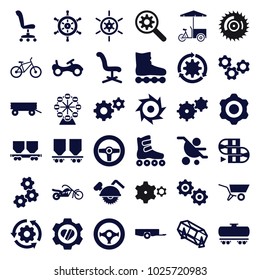 Wheel icons. set of 36 editable filled wheel icons such as barrow, bike, lottery, office chair, gear, baby carriage, fast food cart, roller skate, heart in gear, gear rotate