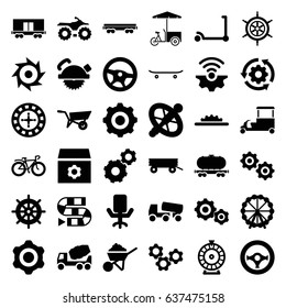 Wheel icons set. set of 36 wheel filled icons such as barrow, kick scooter, helm, roulette, gear, concrete mixer, saw blade, construction, fast food cart, bicycle, cargo wagon