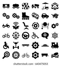 Wheel icons set. set of 36 wheel filled icons such as barrow, disabled, bike, toy car, train toy, roulette, lottery, office chair, gear, concrete mixer, fast food cart