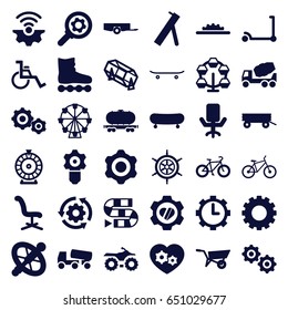 Wheel icons set. set of 36 wheel filled icons such as gear, barrow, kick scooter, roulette, lottery, office chair, concrete mixer, heart in gear, cargo wagon, skateboard
