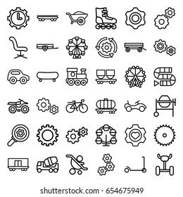 Wheel icons set. set of 36 wheel outline icons such as gear, barrow, ferris wheel, bike, kick scooter, toy car, train toy, office chair, blade saw, concrete mixer