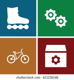 Wheel icons set. set of 4 wheel filled icons such as gear, bicycle