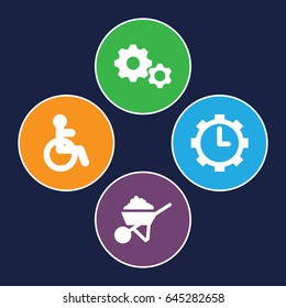 Wheel icons set. set of 4 wheel filled icons such as disabled, construction, clock in gear