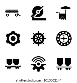 Wheel icons. set of 9 editable filled wheel icons such as helm, roulette, circular saw, cargo wagon, gear, barrow, gear connection