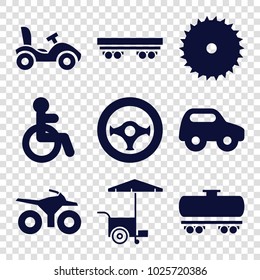 Wheel icons. set of 9 editable filled wheel icons such as disabled, toy car, blade saw, fast food cart, steering wheel, bike, motorcycle
