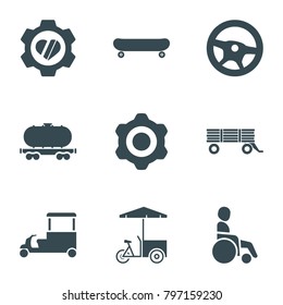 Wheel icons. set of 9 editable filled wheel icons such as wheel, fast food cart, heart in gear, cargo wagon, gear, barrow, skate