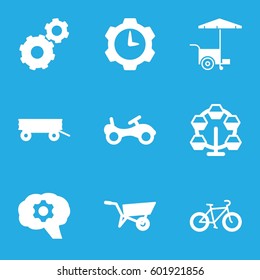 wheel icons set. Set of 9 wheel filled icons such as wheel barrow, barrow, bike, gear, fast food cart, bicycle, gear clock