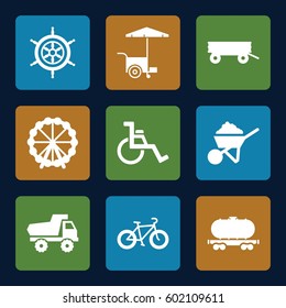 wheel icons set. Set of 9 wheel filled icons such as barrow, toy car, construction, fast food cart, cargo wagon, helm