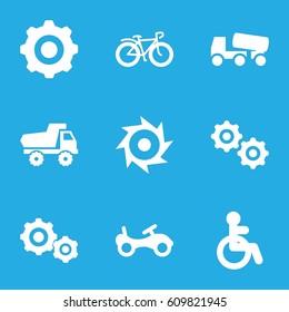 Wheel icons set. set of 9 wheel filled icons such as disabled, bike, toy car, concrete mixer, bicycle, gear, gear    sign symb