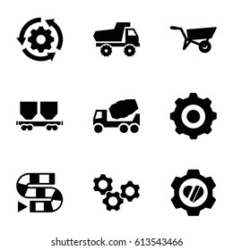 Wheel icons set. set of 9 wheel filled icons such as wheel barrow, toy car, concrete mixer, heart in gear, cargo wagon, gear    sign symb