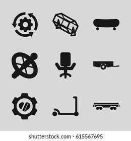 Wheel icons set. set of 9 wheel filled icons such as barrow, kick scooter, lottery, heart in gear, cargo wagon, office chair, wheel, gear rotate