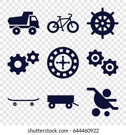 Wheel icons set. set of 9 wheel filled icons such as barrow, toy car, helm, roulette, gear, skateboard, bicycle