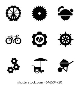 Wheel icons set. set of 9 wheel filled icons such as ferris wheel, helm, blade saw, saw blade, construction, fast food cart, heart in gear, bicycle