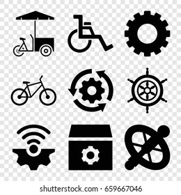 Wheel icons set. set of 9 wheel filled icons such as gear, fast food cart, bicycle, helm, gear rotate