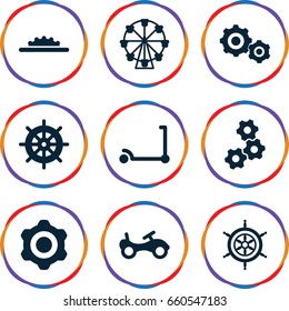 Wheel icons set. set of 9 wheel filled icons such as bike, kick scooter, helm, gear    sign symb