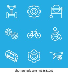 Wheel icons set. set of 9 wheel outline icons such as disabled, lottery, concrete mixer, gear, gear    sign symb